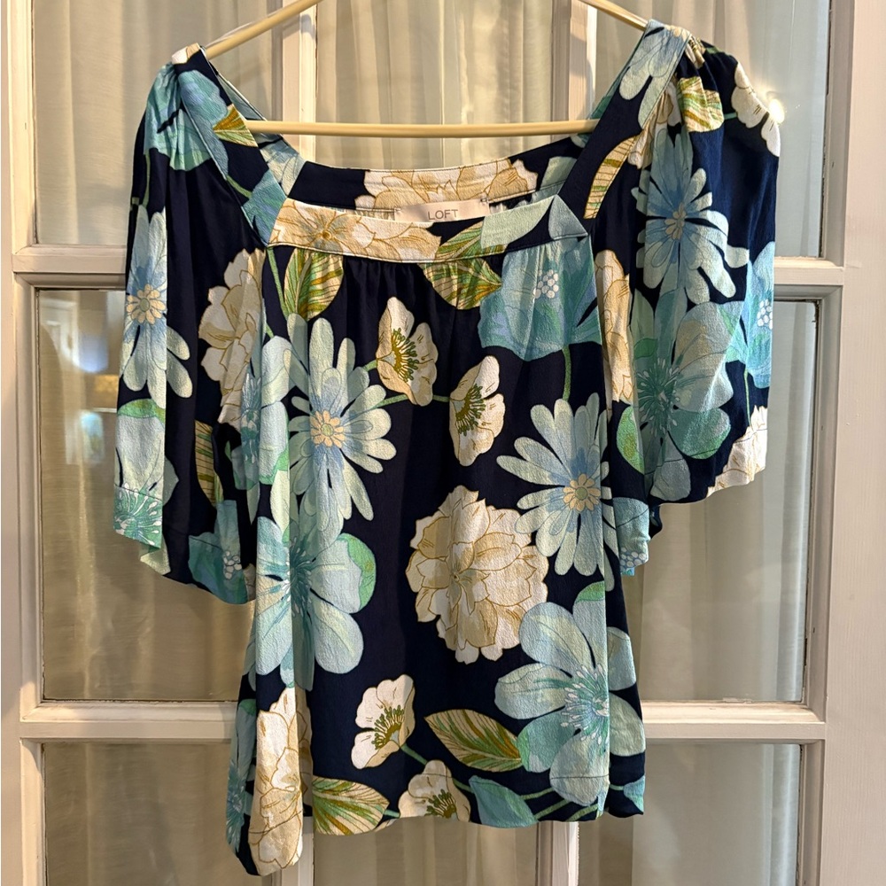 LOFT Women's Floral Blouse - Navy and Mint